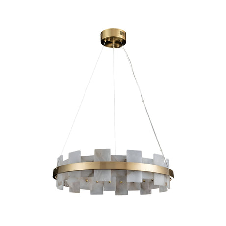 The Montyra LED Small Panelled Alabaster Chandelier in Soft White & Brass features a modern gold circular frame, suspended by three cables, with vertical alabaster panels for a striking contemporary look.