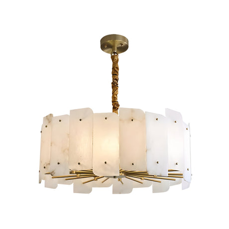 The Caldrin 8 Light Tiered Panel Alabaster Chandelier features a circular design with soft white alabaster panels and a brass frame, suspended by a twisted gold rod for a modern, elegant look.