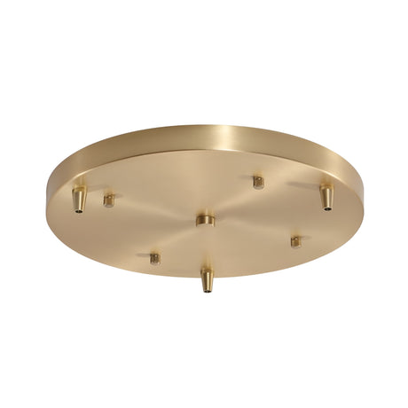 The Nalyra 60cm Round Canopy in natural brass features six short threaded attachments for easy installation of a multi-pendant light fixture, shown from below.
