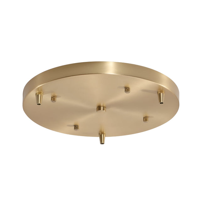 The Nalyra 60cm Round Canopy in natural brass features six short threaded attachments for easy installation of a multi-pendant light fixture, shown from below.