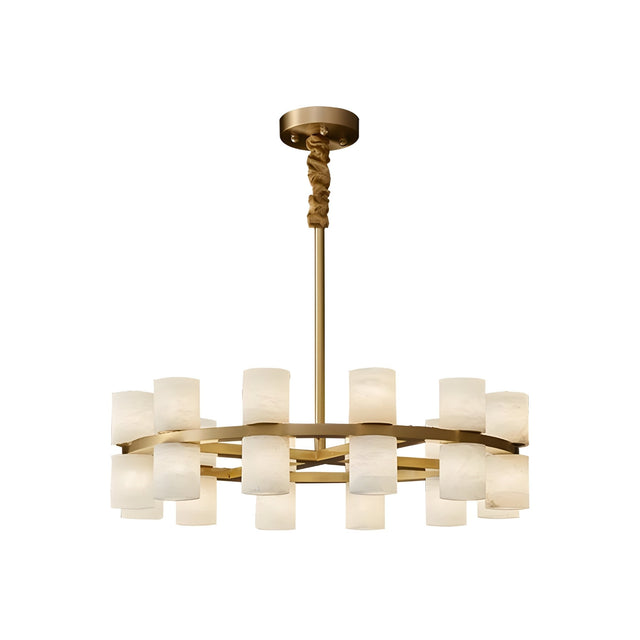 The Valenro 24 Light Cylindrical Alabaster Chandelier features a soft white and brass finish, gold frame, multiple alabaster shades, and hangs from a ceiling by a gold rod with decorative braided cord.