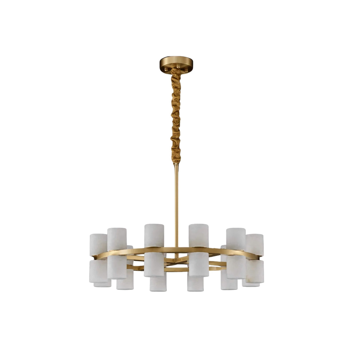 The Valenro 24 Light Cylindrical Alabaster Chandelier in soft white and brass features a modern circular frame with twenty-four evenly spaced alabaster shades, suspended from the ceiling by a textured gold rod.
