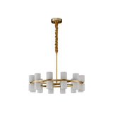 The Valenro 24 Light Cylindrical Alabaster Chandelier in soft white and brass features a modern circular frame with twenty-four evenly spaced alabaster shades, suspended from the ceiling by a textured gold rod.