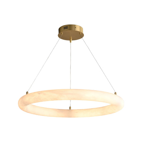 The Seraphis LED Medium Alabaster Chandelier - Soft White features a modern circular design, brass-colored ceiling mount, three slim suspension wires, and a glowing frosted ring shade for an elegant contemporary look.