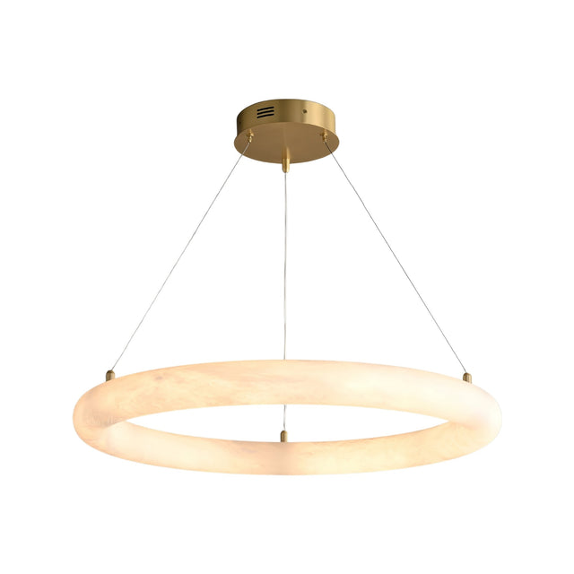 The Seraphis LED Medium Alabaster Chandelier - Soft White features a modern circular design, brass-colored ceiling mount, three slim suspension wires, and a glowing frosted ring shade for an elegant contemporary look.
