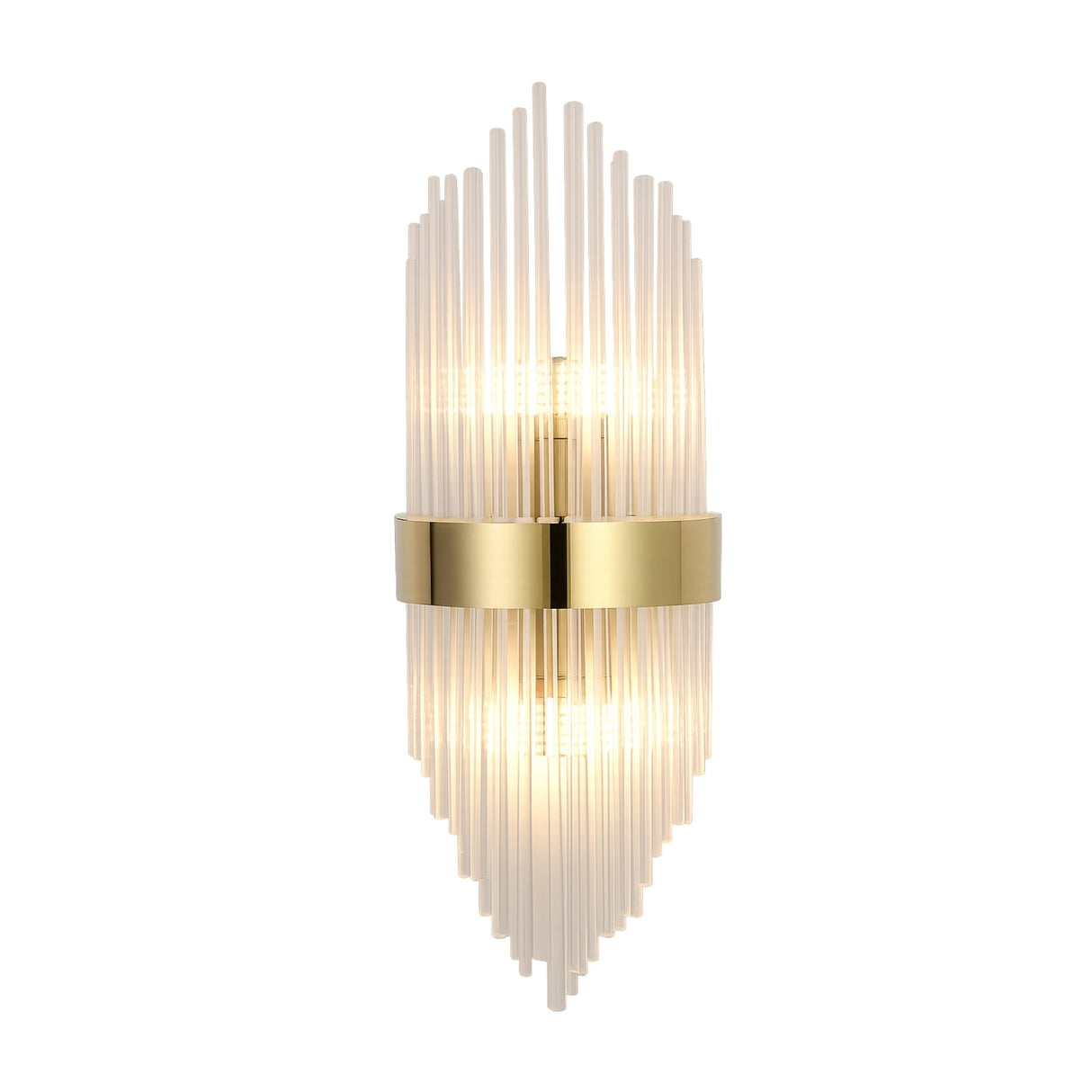 The Oriana 2 Light Crystal Wall Light - Gold features vertical glass rods in a symmetrical pattern, a central gold band, and warm light from within—making it a stunning statement piece for luxurious interiors.