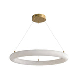 The Seraphis LED Medium Alabaster Chandelier - Soft White features a matte gold ceiling mount with three suspension wires supporting a large, circular natural Spanish alabaster ring for a modern look.