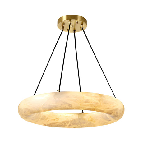 The Calviro LED Large Ring Alabaster Chandelier - Soft White features a glowing alabaster ring suspended by four black cables from a gold ceiling mount, emitting a warm, even light in a modern statement design.