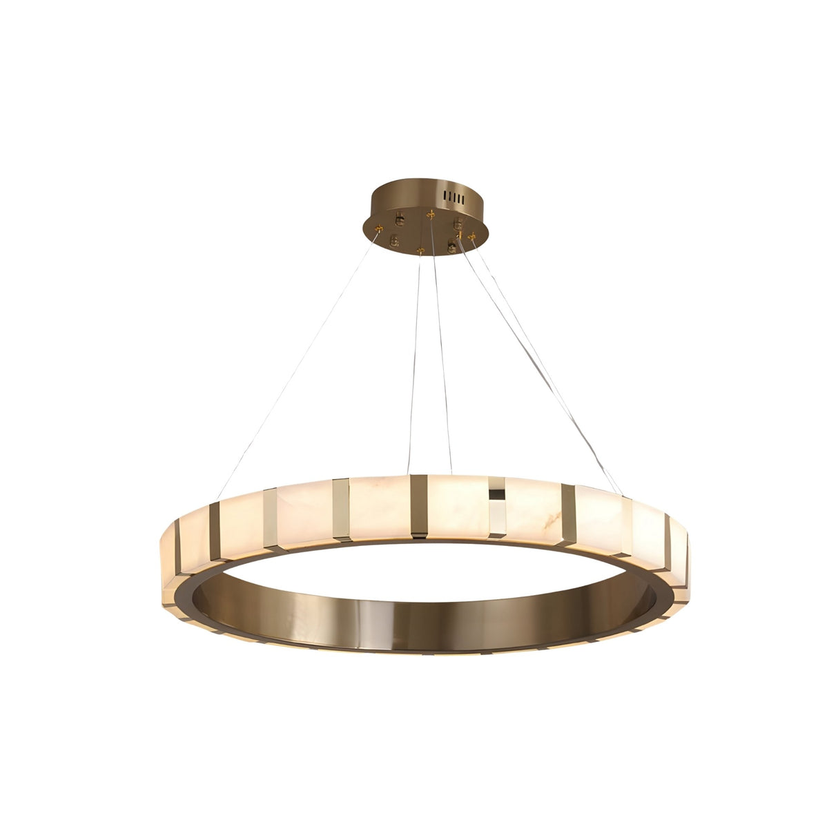 The Strata LED Small Alabaster Chandelier in soft white and copper hangs from four slim wires, featuring frosted alabaster panels around its circular edge for a stylish, elegant look reminiscent of a modern chandelier.