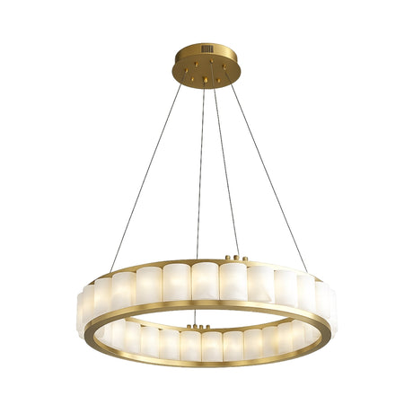 The Orion 27 Light Ring Alabaster Chandelier in soft white and brushed brass features a modern design with a gold frame, alabaster panels, and four thin black suspension cables from a matching ceiling mount for soft, even light.