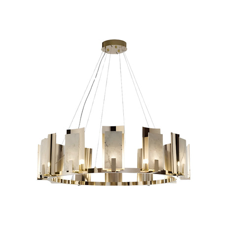 The Aurevon 6 Light Circular Alabaster Chandelier features a modern gold frame with vertical Spanish alabaster panels, suspended from a round mount. Soft white and copper accents provide an elegant, warm glow.