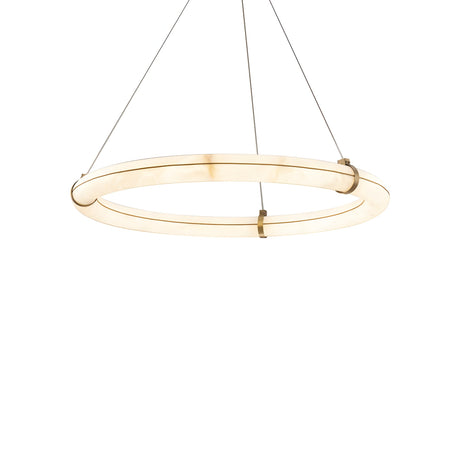 The Aureon LED Small Alabaster Circular Suspension Light – Soft White features a modern, minimalist design with a glowing Spanish alabaster ring, brass accents, and is suspended by three thin wires against a white background.