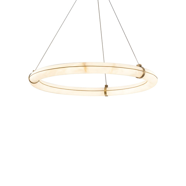 The Aureon LED Small Alabaster Circular Suspension Light – Soft White features a modern, minimalist design with a glowing Spanish alabaster ring, brass accents, and is suspended by three thin wires against a white background.