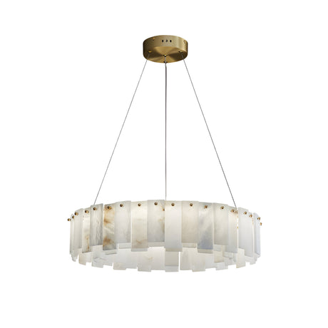 The Valeris 12 Light Layard Panel Alabaster Chandelier in Soft White & Brass showcases layered alabaster panels on a circular brass base, suspended by three slim wires for a modern, elegant look.