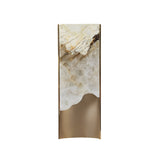 The Veloris LED Medium Carved Alabaster Wall Light features a tall, rectangular brushed brass frame with a gold metallic finish and a marbled upper section in cream, white, and brown that blends into a smooth matte gold lower half.