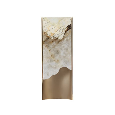 The Veloris LED Medium Carved Alabaster Wall Light features a tall, rectangular brushed brass frame with a gold metallic finish and a marbled upper section in cream, white, and brown that blends into a smooth matte gold lower half.
