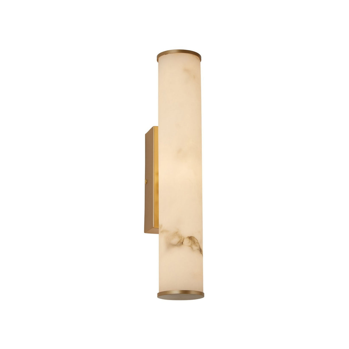 The Montavo LED Medium Tube Alabaster Wall Light in soft white and brushed brass features a cylindrical, marble-patterned Spanish alabaster glass shade and is shown mounted vertically against a white background.