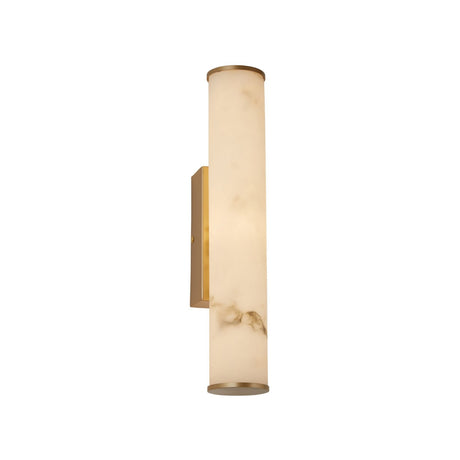 The Montavo LED Medium Tube Alabaster Wall Light in soft white and brushed brass features a cylindrical, marble-patterned Spanish alabaster glass shade and is shown mounted vertically against a white background.