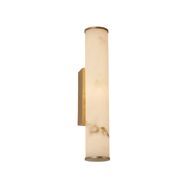 The Montavo LED Medium Tube Alabaster Wall Light in soft white and brushed brass features a cylindrical, marble-patterned Spanish alabaster glass shade and is shown mounted vertically against a white background.