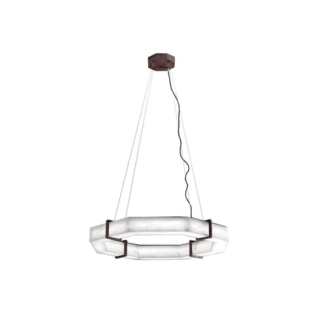 The Vireon LED Small Alabaster Chandelier – Bronze & Soft White features a hexagonal frosted glass ring and bronze mount, offering a modern geometric look perfect for contemporary spaces.