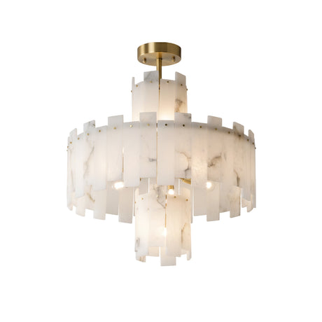 The Zarelli 12 Light Small Interlocking Panel Alabaster Chandelier features two tiers of circular, overlapping frosted white panels with subtle gray veining and a brass mount, creating a softly lit, textured design.