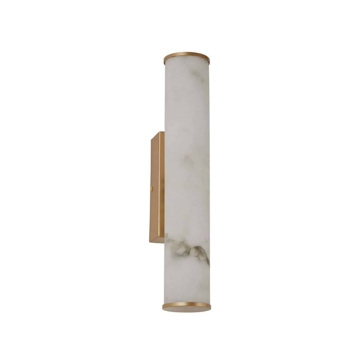 The Montavo LED Medium Tube Alabaster Wall Light features a cylindrical white Spanish alabaster shade with subtle gray veining, brushed brass end caps, and a rectangular brushed brass backplate.