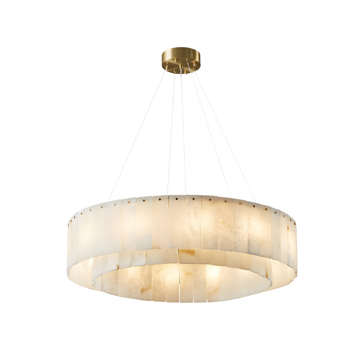 The Arvello 8 Light Layered Panel Alabaster Chandelier features a wide, translucent Spanish alabaster shade in soft white and brass, suspended by thin wires with a gold ceiling mount for a modern, warm glow.