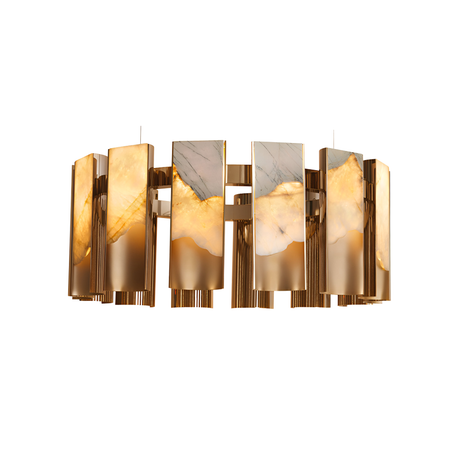 Niori Caelith 600mm circular chandelier with carved Spanish alabaster panels and fluted brushed brass columns, lit by integrated warm LEDs.