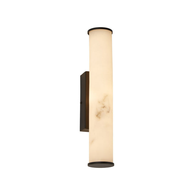 The Montavo LED Medium Tube Alabaster Wall Light features a soft white cylindrical alabaster shade with subtle marbling, mounted on a matte black rectangular backplate for a modern look.