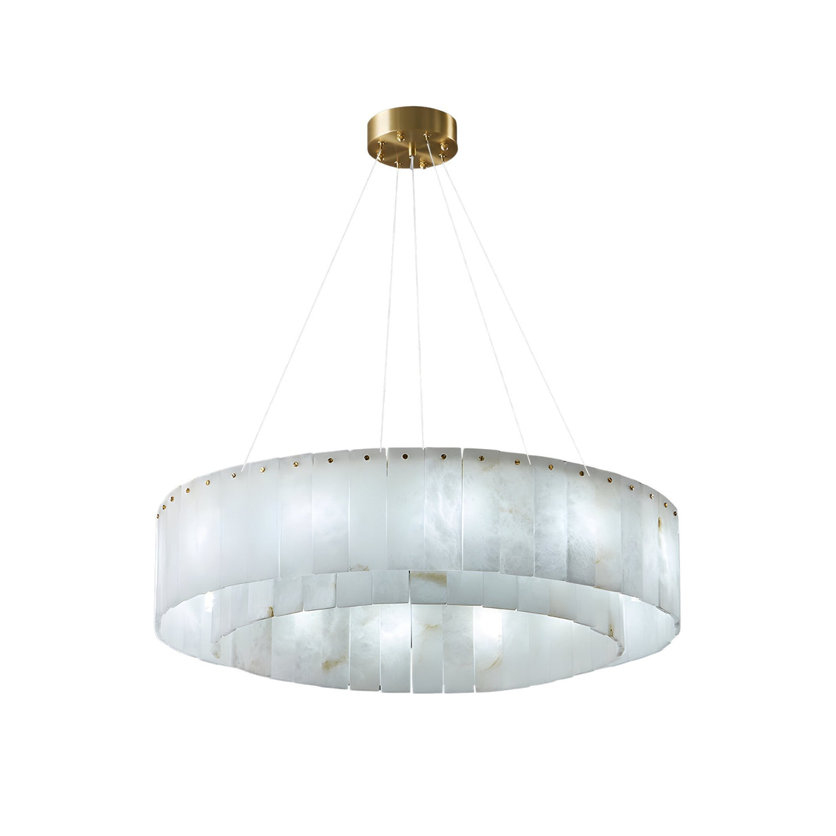 The Arvello 8 Light Layered Panel Alabaster Chandelier features a circular frame with soft white frosted panels and a brass ceiling mount, suspended elegantly by four slender wires.