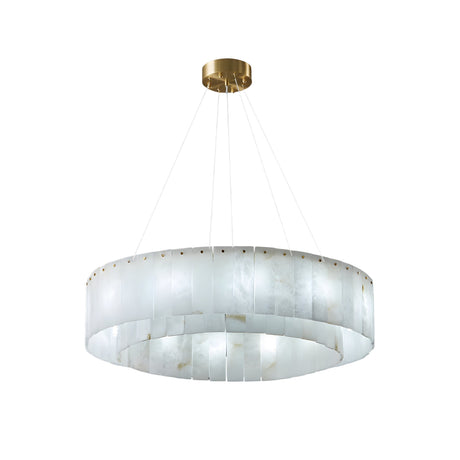 The Arvello 8 Light Layered Panel Alabaster Chandelier features a circular frame with soft white frosted panels and a brass ceiling mount, suspended elegantly by four slender wires.