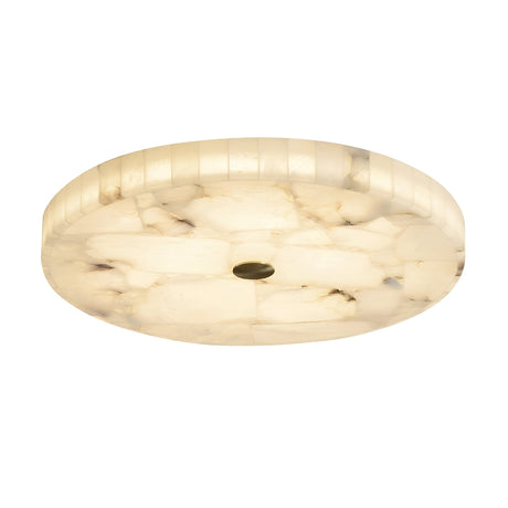 The Veltrix LED Large Round Alabaster Flush Ceiling Light features a smooth, marbled surface that emits a soft white glow, highlighted by a small brushed brass accent in the center for an elegant touch.