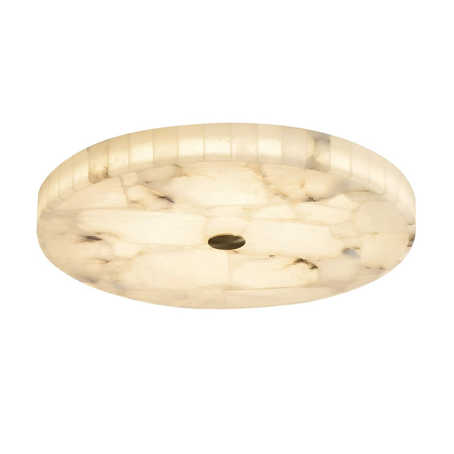 The Veltrix LED Large Round Alabaster Flush Ceiling Light features a smooth, marbled surface that emits a soft white glow, highlighted by a small brushed brass accent in the center for an elegant touch.