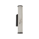 The Montavo LED Medium Tube Alabaster Wall Light features a cylindrical, marble-patterned soft white glass shade with a matte black mount, displayed on a plain white background.