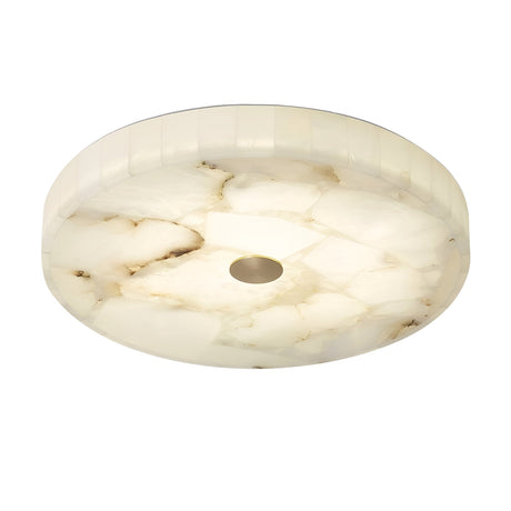 The Veltrix LED Large Round Alabaster Flush Ceiling Light features a smooth, white marbled surface and a central brushed brass cap, providing soft white light diffused evenly across any room.