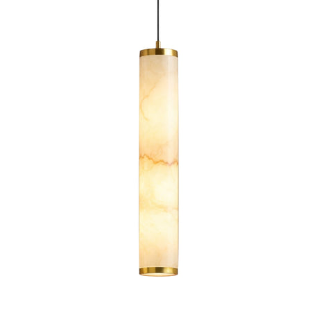 The Oria LED Large Alabaster Single Pendant Light features a soft white, glowing cylindrical shade with brushed brass accents, suspended by a black cord against a white background.