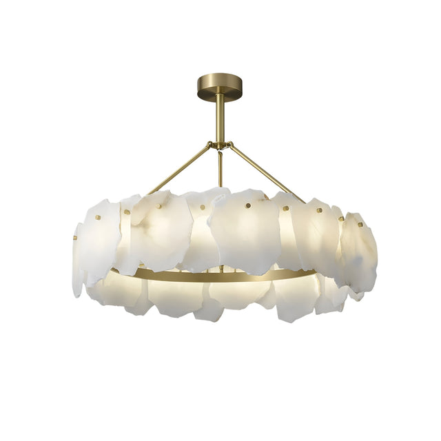 The Marvion LED Small Petal Alabaster Chandelier in soft white and brass features a modern circular design with translucent, irregular alabaster pieces and a gold frame, creating an artistic, elegant lighting centerpiece.