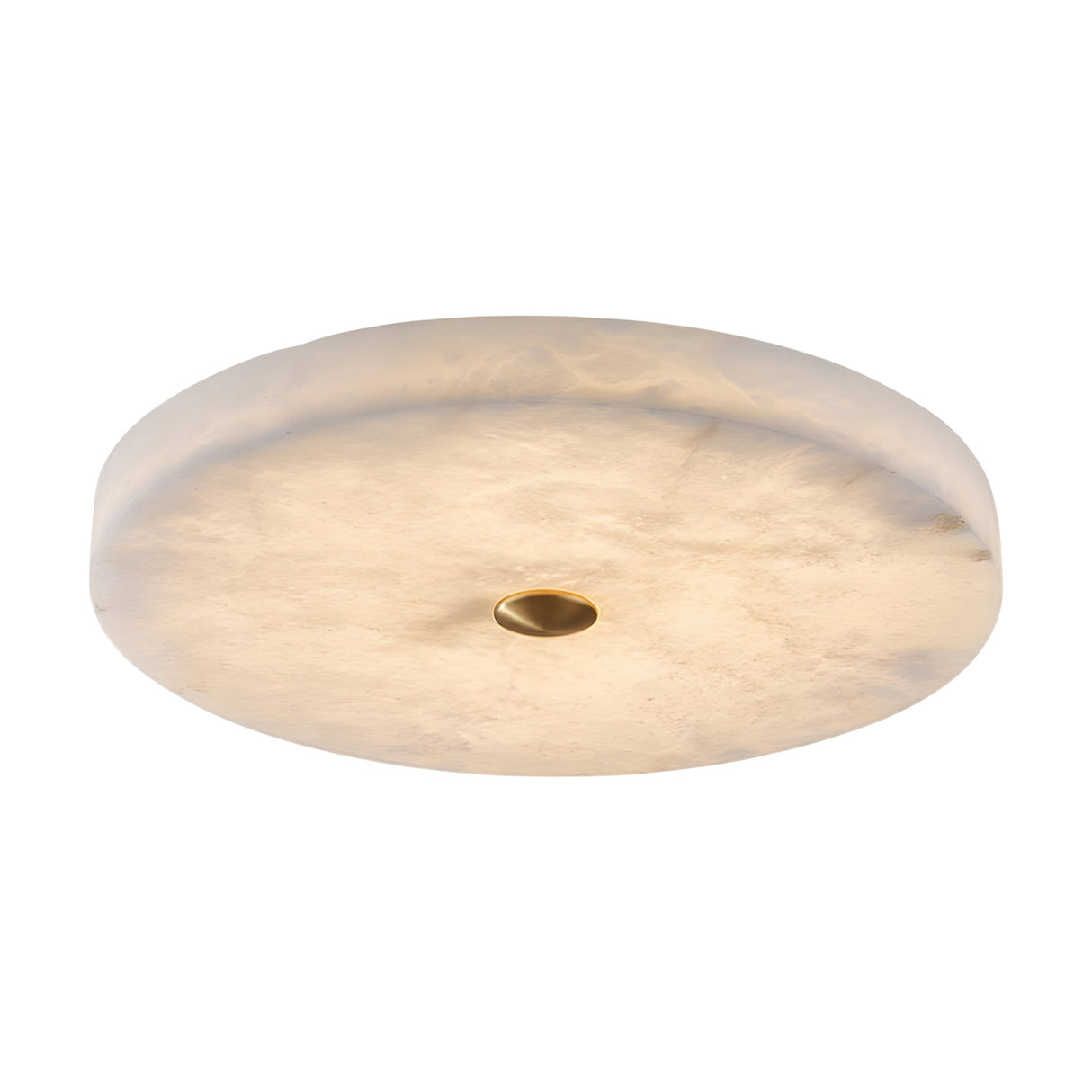 The Aleron LED Large Round Alabaster Flush Ceiling Light in soft white features a marble-like alabaster surface and a small brushed brass center accent, shown here against a white background.