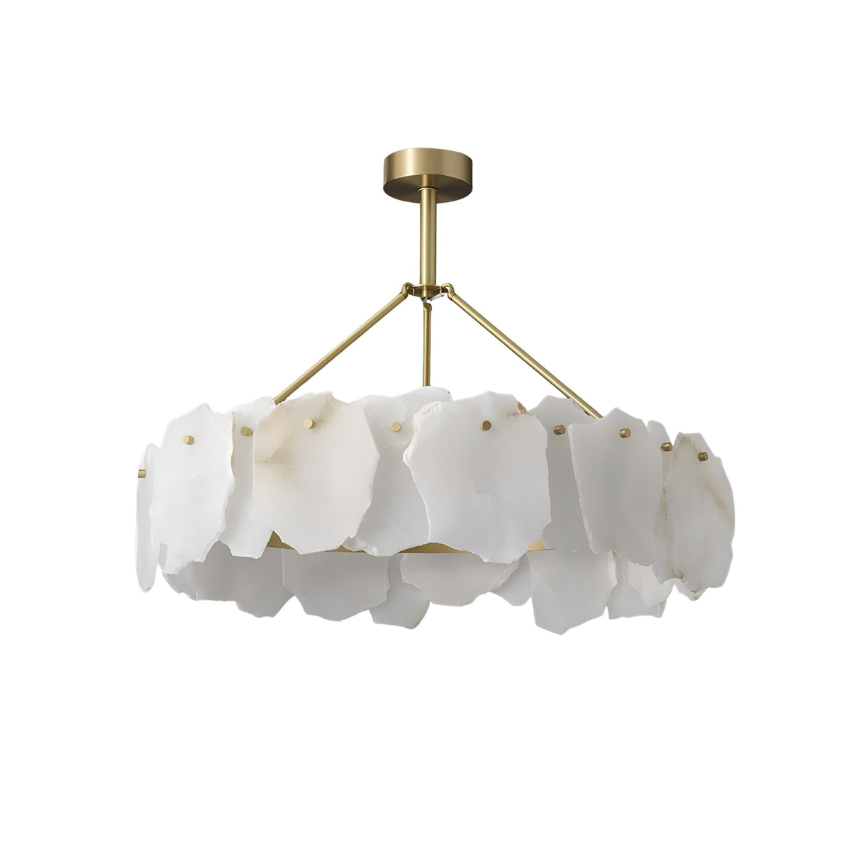 The Marvion LED Small Petal Alabaster Chandelier in Soft White & Brass features a gold frame and circular arrangement of irregular, translucent white panels reminiscent of natural stone or petals.