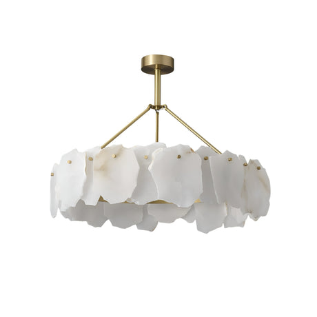 The Marvion LED Small Petal Alabaster Chandelier in Soft White & Brass features a gold frame and circular arrangement of irregular, translucent white panels reminiscent of natural stone or petals.
