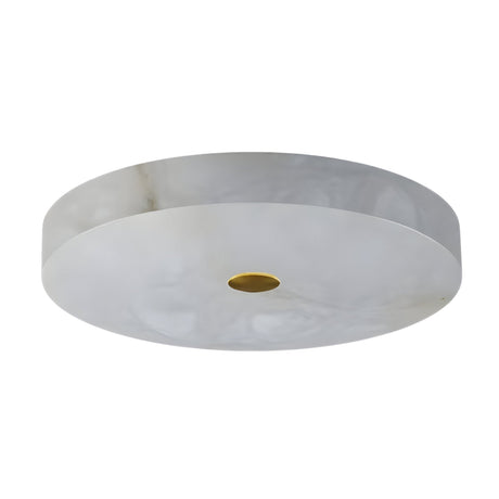 The Aleron LED Large Round Alabaster Flush Ceiling Light features a soft white, marble-like surface with a central brushed brass accent.