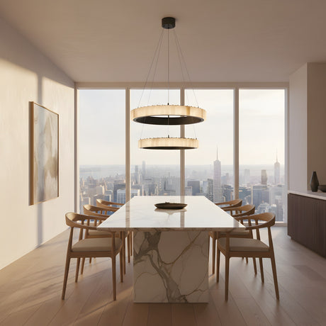 A modern dining room featuring a marble table, wooden chairs, city skyline views, minimalist decor, and the Lucenza LED 2 Tier Halo Ring Alabaster Chandelier in Matte Black & Soft White above the table.