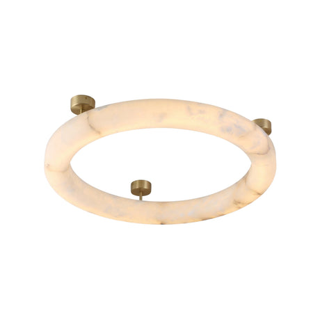 The Orbis Medium LED Alabaster Semi-Flush Ceiling Light – Soft White features a circular, marble-textured alabaster shade with a soft glow, elegantly mounted by three brass brackets.