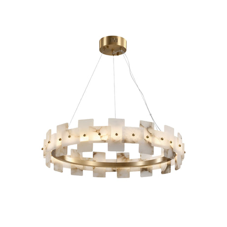 The Ravion LED Small Panelled Alabaster Chandelier features soft white, marble-like rectangular Spanish alabaster panels and a brass frame, suspended by three thin wires from a round brass ceiling mount.