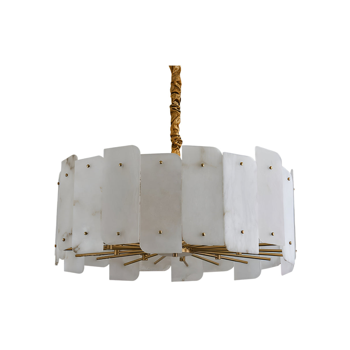 The Caldrin 8 Light Tiered Panel Alabaster Chandelier in Soft White & Brass features rectangular alabaster panels on a circular brass frame, suspended by a brass-wrapped rod, shown against a white background.