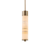 The Elviro LED Small Slim Tube Alabaster Single Pendant Light in soft white and brushed brass features a translucent alabaster shade for a warm glow, elegantly suspended by a slender rod.