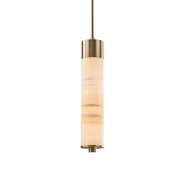 The Elviro LED Small Slim Tube Alabaster Single Pendant Light in soft white and brushed brass features a translucent alabaster shade for a warm glow, elegantly suspended by a slender rod.