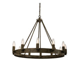 Bevgrove wagon-wheel ceiling pendant with candle-style bulbs on an aged metal ring, suspended by chains and rods on a plain white background.