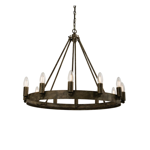 Bevgrove wagon-wheel ceiling pendant with candle-style bulbs on an aged metal ring, suspended by chains and rods on a plain white background.