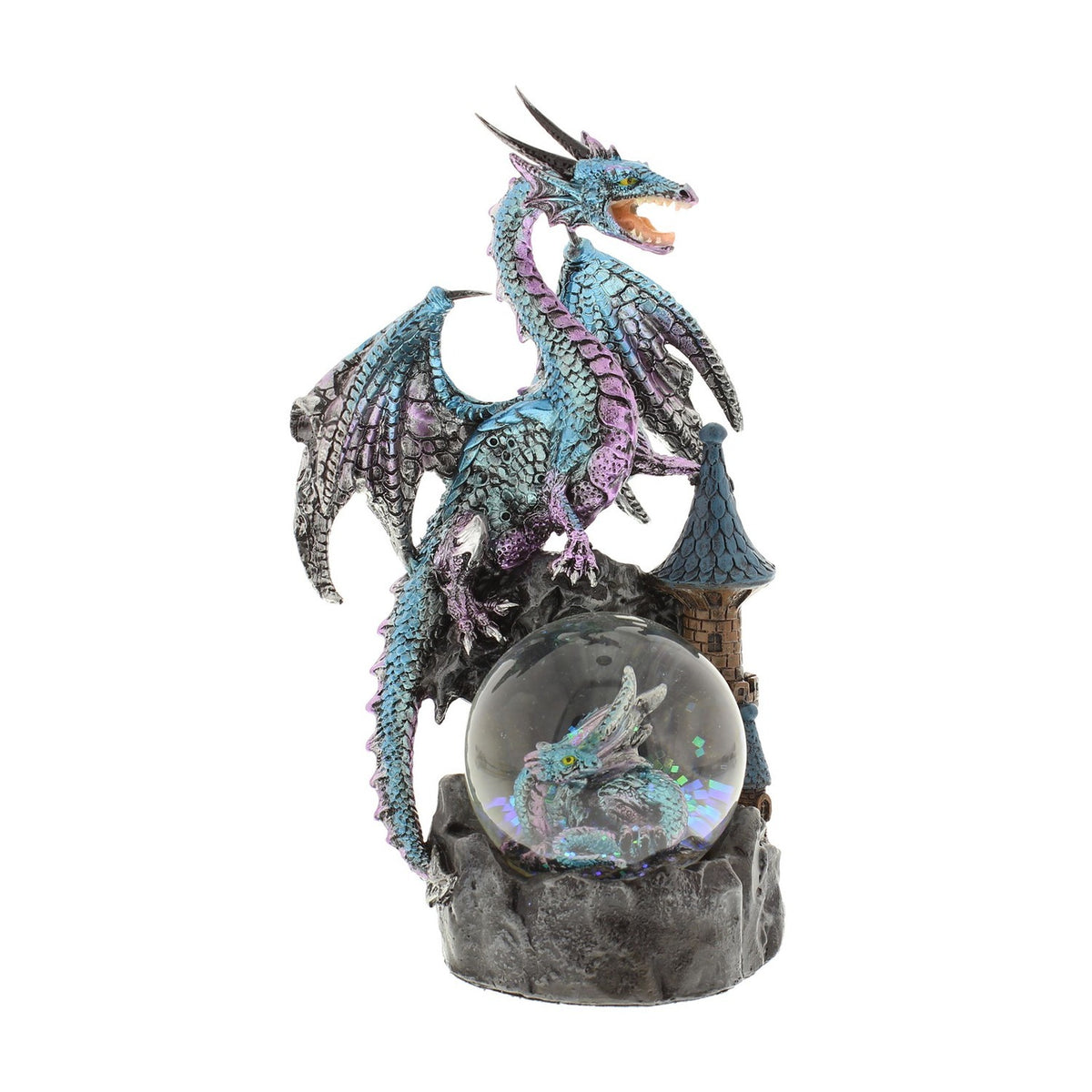 Handpainted Winged Dragon and Tower Resin Snow Globe - Blue